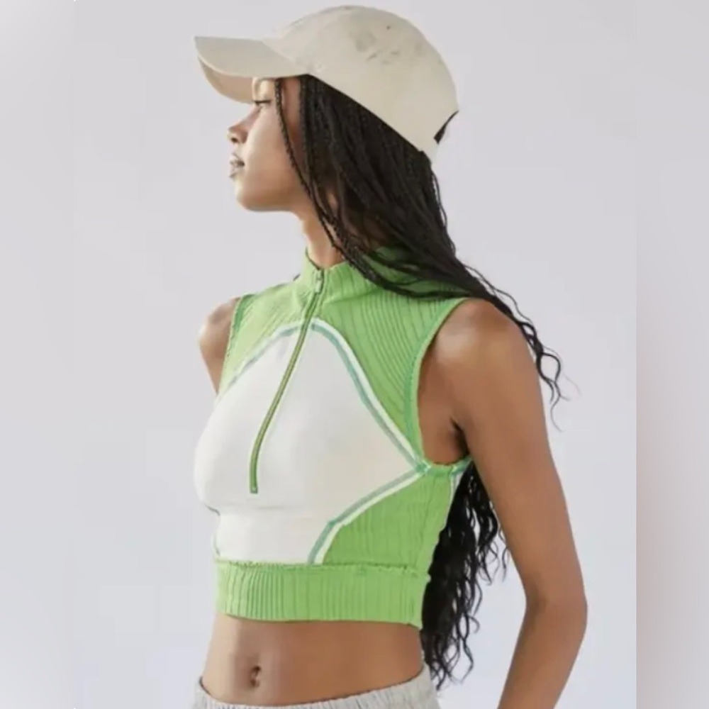 BDG Quarter Zip Crop Top Womens Medium Green White Excellent Ribbed Sleeveless